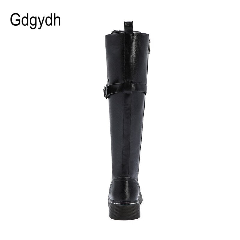 Gdgydh 2021 Autumn British Style Knee-high Boots For Women Plus Size 34-43 Female Boots Round Toe Low Heels Women Shoes Winter