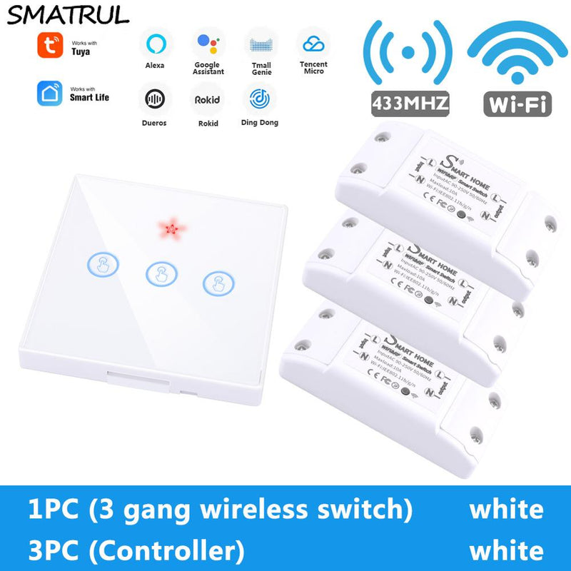 SMATRUL Tuya Smart Home APP WiFi Interruptor táctil Luz RF 433Mhz Panel de pared DIY Módulo de relé Temporizador Alexa Socket Lámpara 110-220V