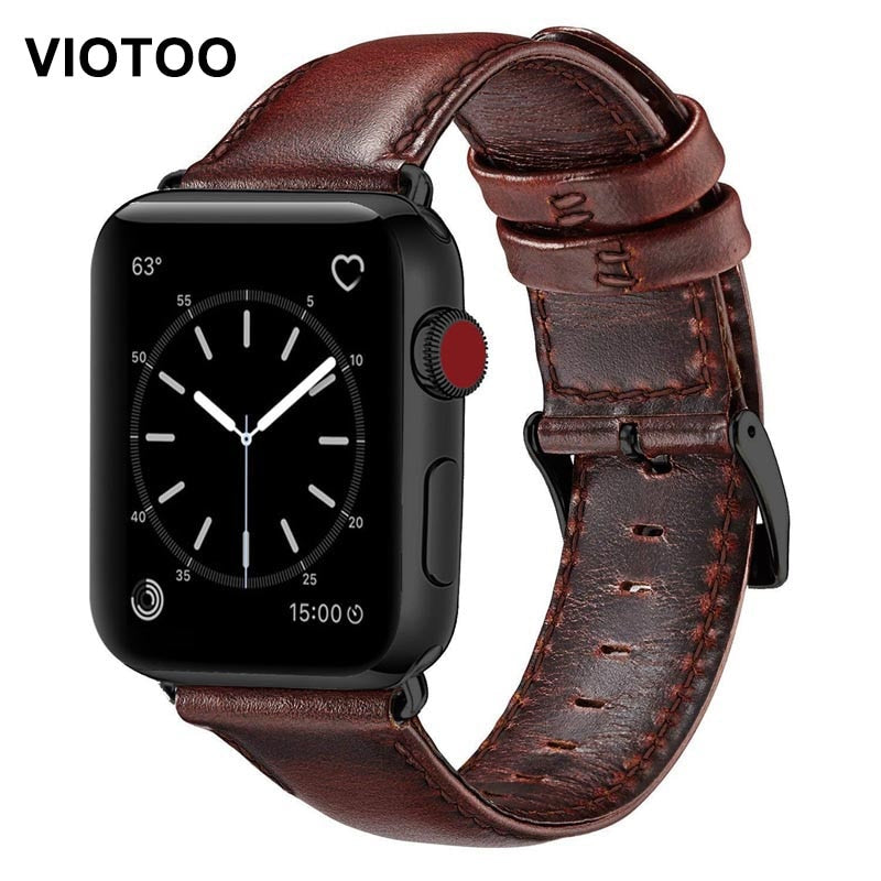 Correa de cuero genuino marrón rojo para Apple Watch Band 42 mm 44 mm Viotoo Fashion Men WatchStrap Band para iWatch Watchband