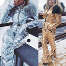 New Shiny Silver Gold One-Piece Skianzug Frauen Winter winddicht Skifahren Overall Snowboard Anzug weibliche Schnee Kostüme