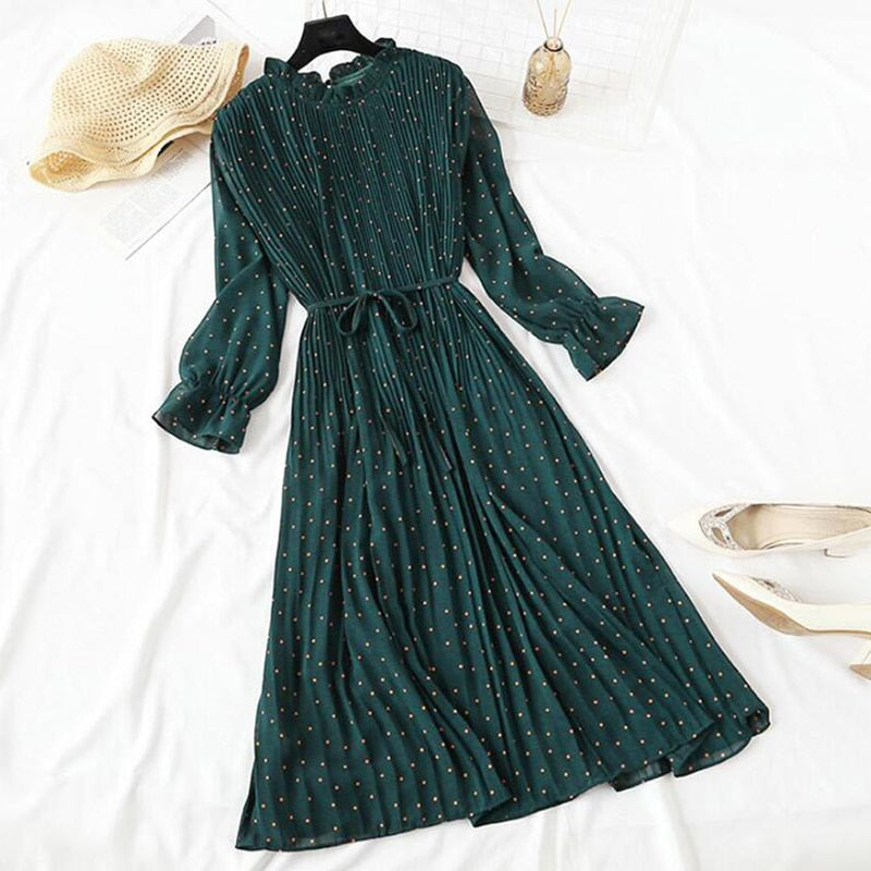 2022 New Women Spring Print Dresses Long Sleeve Chiffon Pleated Dress Casual Ruffle Flare Sleeve Long Dress Loose Vestidos