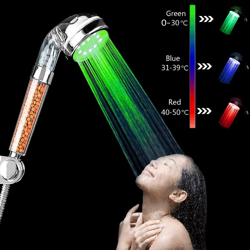 Filter Shower Head Led Temperature 3 Colors Saving Water High Pressure Automatic Ionic Rainfall Bathroom Shower Head