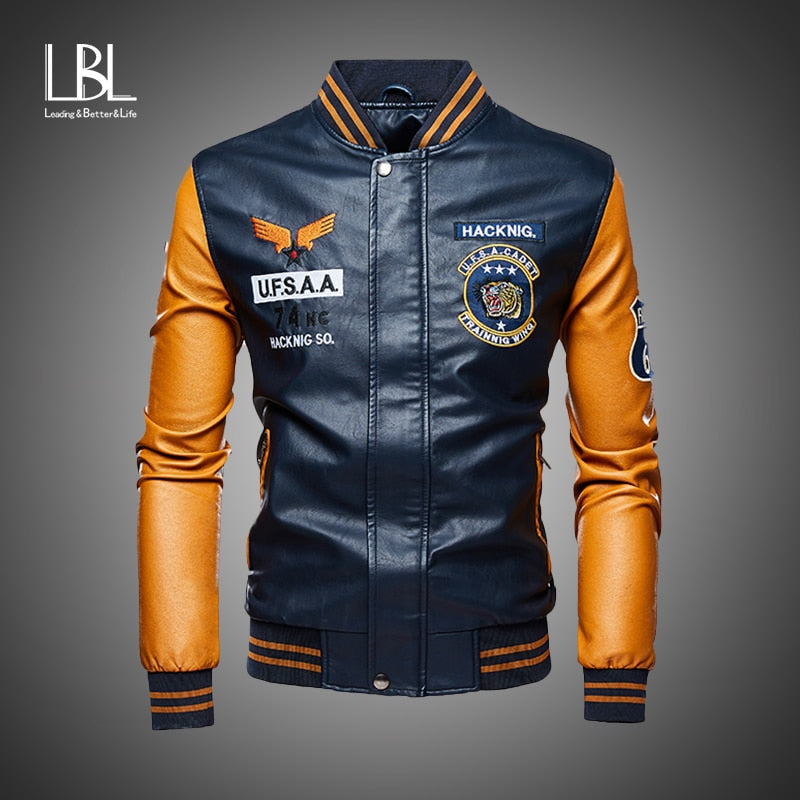 Bomber Lederjacke Herren Baseballjacken Biker PU Mantel Faux Pilot Varsity Fleece College Top Leder Schwarz Slim Fit Motorrad