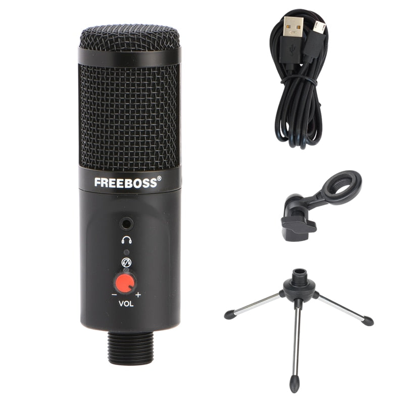 FREEBOSS USB Condenser Microphone Computer Recording Chat 192KHz 16 Bit Sampling Frequency Cardioid Capsule Low Noise Mic FB-W03