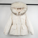 Janveny Riesiger Waschbärpelzkragen Mit Kapuze 2021 Kurzer Damen Winter Feder Daunenmantel Damen 90% Entendaunenjacke Winter Puffer Parka