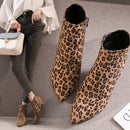 Stiefel Frauen Herbst Stiefeletten Sexy Flock High Heels 7CM Punkt Reißverschluss Leopard Halbkurz Winterstiefel Weibliche Erwachsene Schuhe