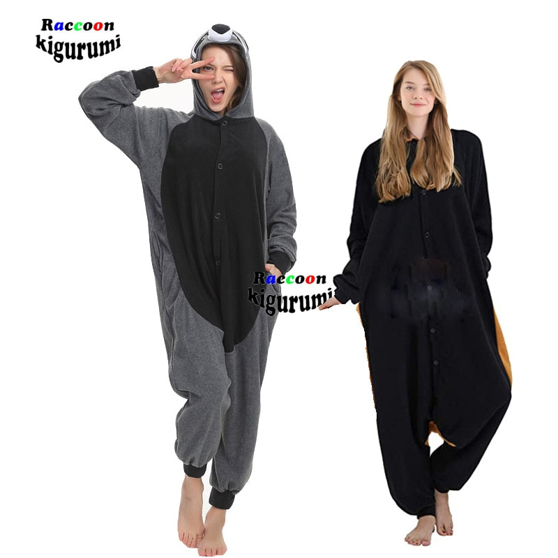 XXL 180-200CM  Raccoon Kigurumi Onesies Adults Fleece Women Onsie Men Pajamas One-Piece Pijamas Animal Cosplay Costume Halloween