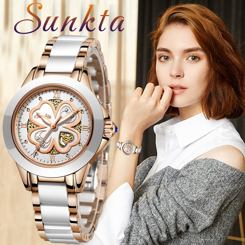 SUNKTA, relojes de cuarzo para mujer, relojes a la moda a prueba de agua, pulsera de cerámica para mujer, reloj de pulsera para niña, reloj femenino + Bo