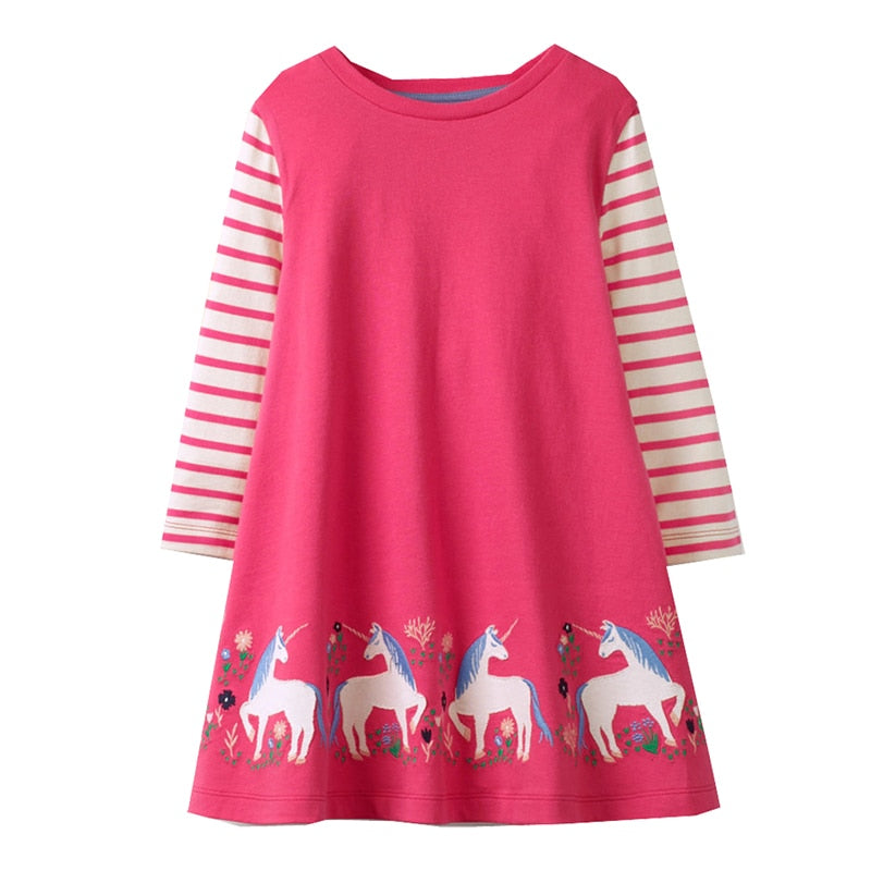 VIKITA, vestido a rayas para niñas, Vestidos de unicornio para niñas, ropa para niños pequeños, vestido informal de algodón, Vestidos de manga larga de otoño para niños