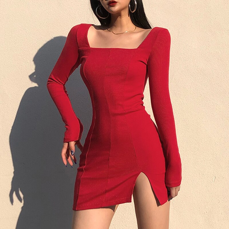 Rockmore Split Lace Sexy Mini Dress Women Transparent Long Sleeve Bodycon Square Collar Above Knee Dresses Party Dress Vedtidos