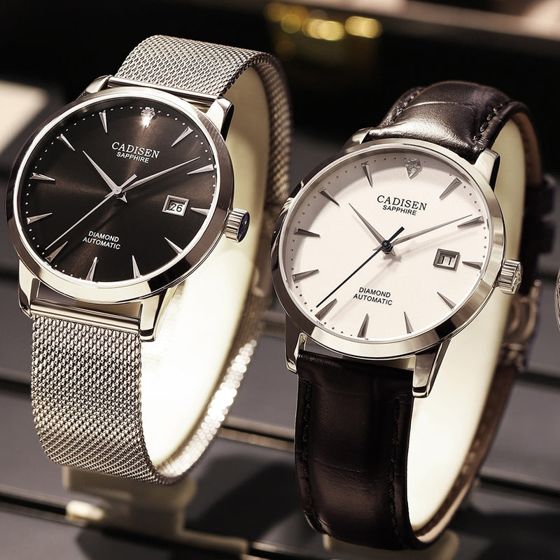CADISEN Herrenuhren Automatische mechanische Armbanduhr MIYOTA 9015 Top-Marken-Luxus-Uhr mit echten Diamanten, gebogene Saphirglasuhr