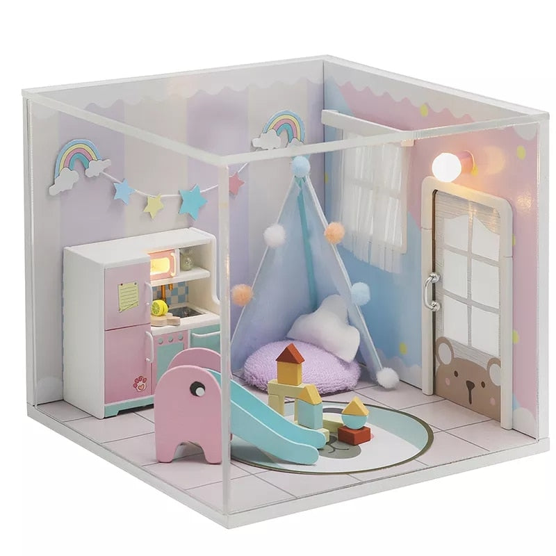 Cutebee DIYHouse Miniature with Furniture LED Music Dust Cover Model Building Blocks Toys for Children Casa De Boneca