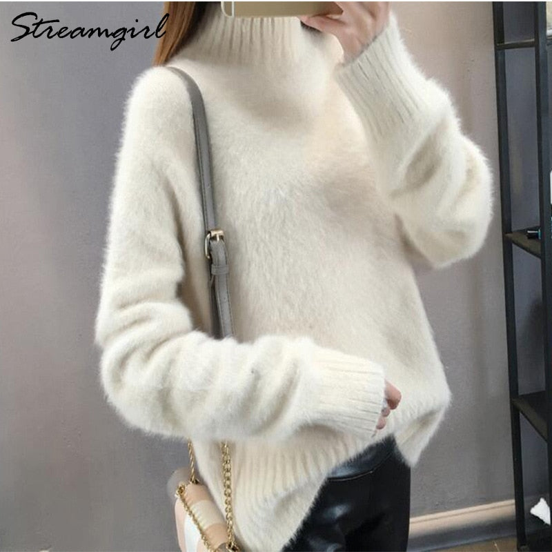 Thick Winter Sweater Women Warm White Turtleneck Fluffy Women&