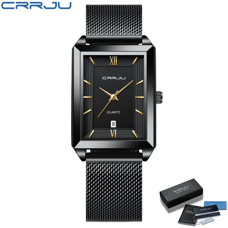 CRRJU Watch Men Top Brand Luxury Square Golden Quartz Stainless Steel Waterproof Wrist Watch Relogio Masculino