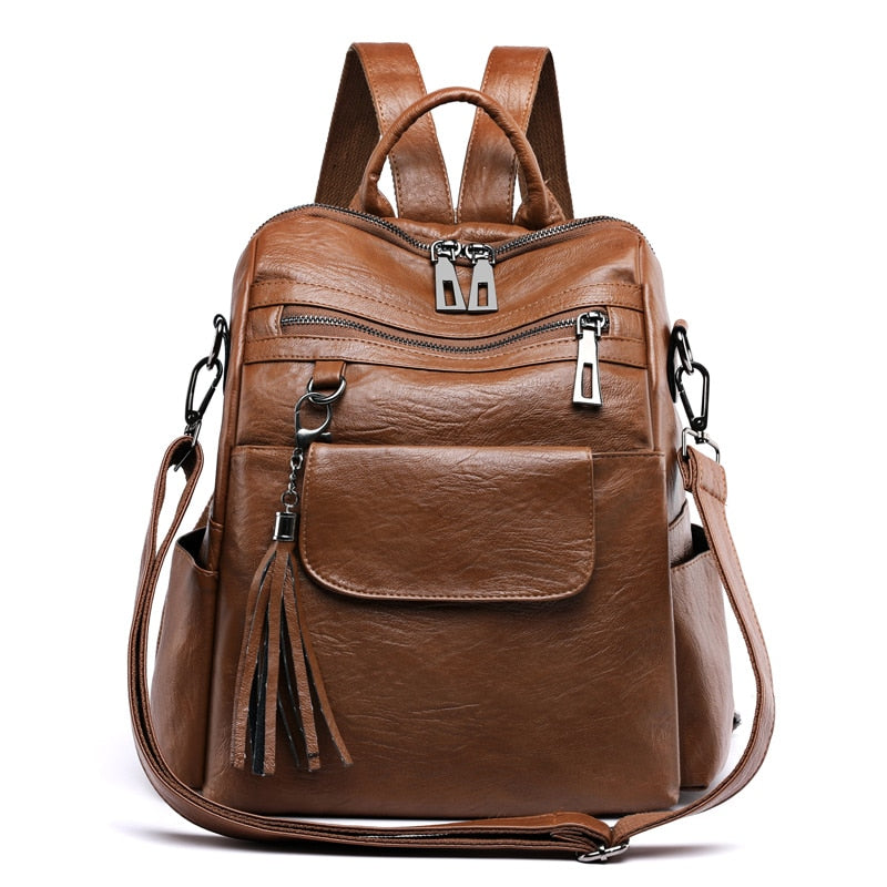 New Women Backpacks Soft Leather Fashion Casual Tassel Bags Female Shoulder Bag Large Capacity School Backpack for Teenage Girls