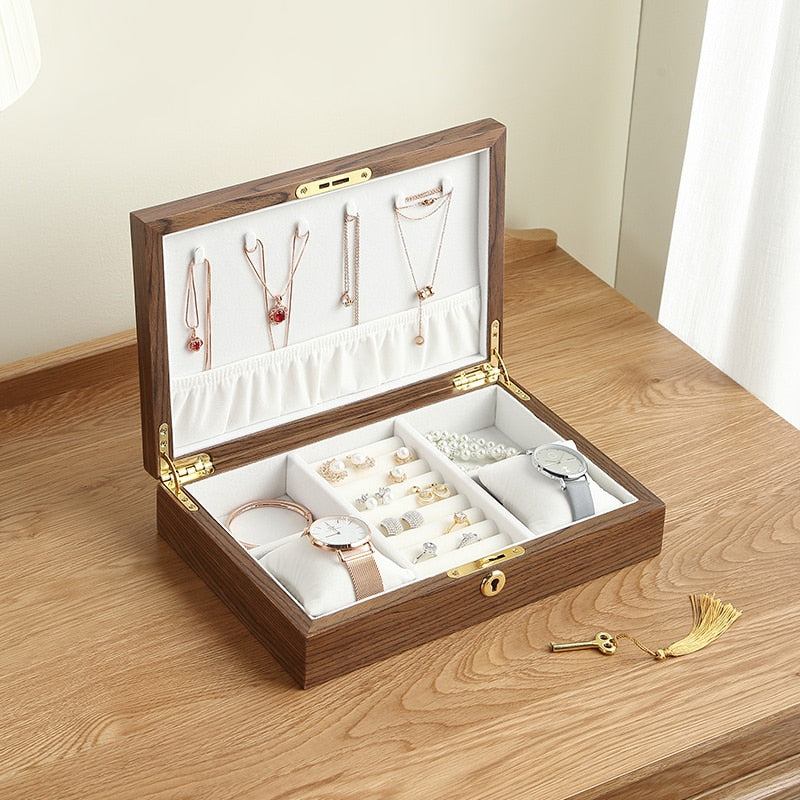 Caja organizadora de joyas con tapa de madera Caja de almacenamiento de joyas Caja de exhibición de regalo Reloj Pendientes Soporte de anillo Cajas organizadoras de almacenamiento de joyas