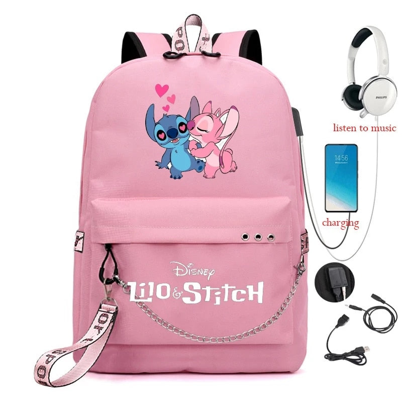 Disney Kawaii Stitch Bag Zipper USB Charging Mochila Capacity Backpack Women Kpop School Bags for Teenage Girls Students