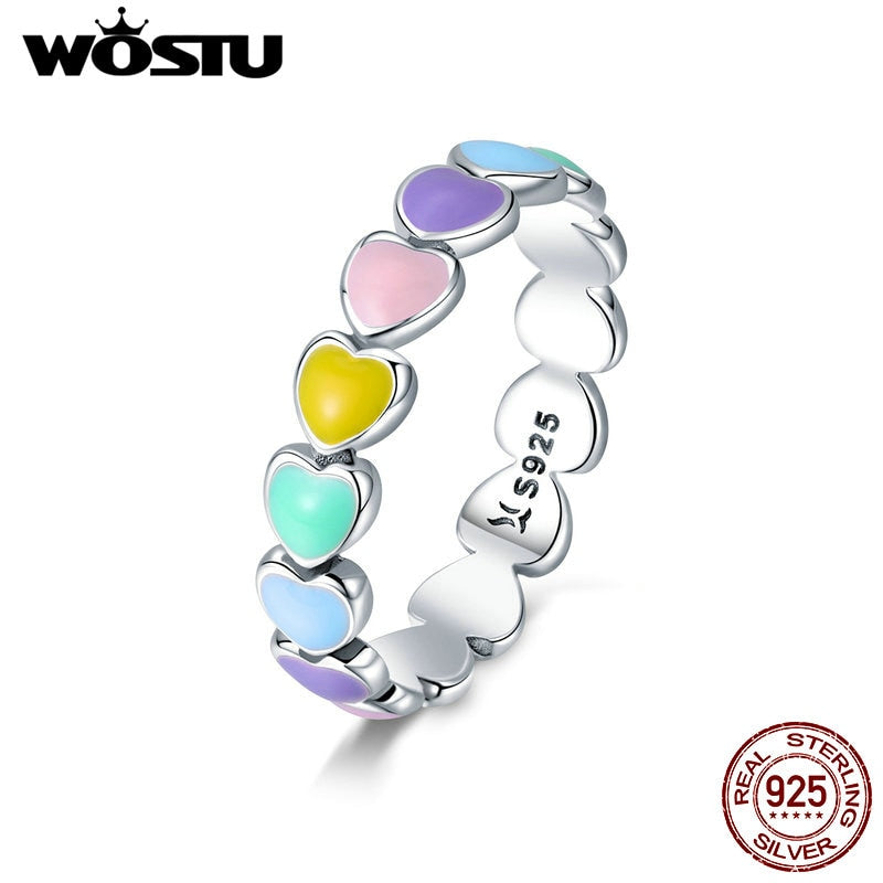 WOSTU Hot Sale 925 Sterling Silver Multi-Color Rainbow Heart Finger Rings For Women Fashion Anniversary Ring Jewelry Gift CQR444