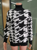 Herbst Winter Langarm Übergroßer Pullover Frauen Rollkragen Schwarz Lässig Gestrickter Hahnentritt Pullover Pullover Top Lose Pullover