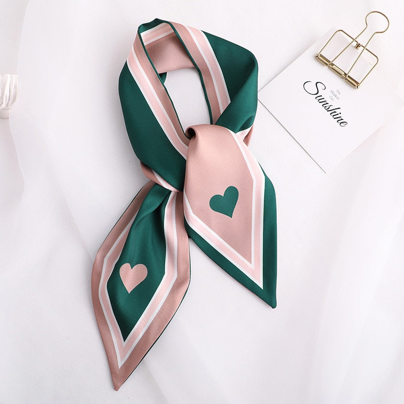 Sweet Love Print Women Small Silk Scarf Handle Bag Ribbons Female Head Scarves Sharp angle Green  90*10cm