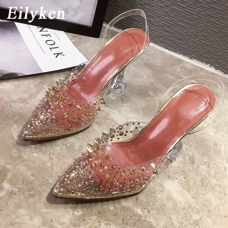 Eilyken 2022 New Gold  Silver PVC Transparent Rivet Diamond Pumps Sandals Perspex Heel Pointed Toe Crystal Silver Wedding Pumps