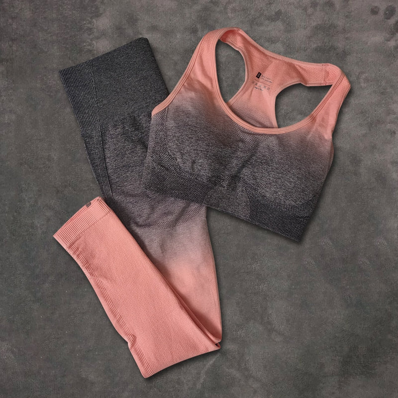 Conjunto deportivo para mujer Gimnasio Conjunto de yoga Ropa de fitness Ombre Leggings deportivos sin costuras + Sujetador deportivo 2 piezas Ropa deportiva para correr