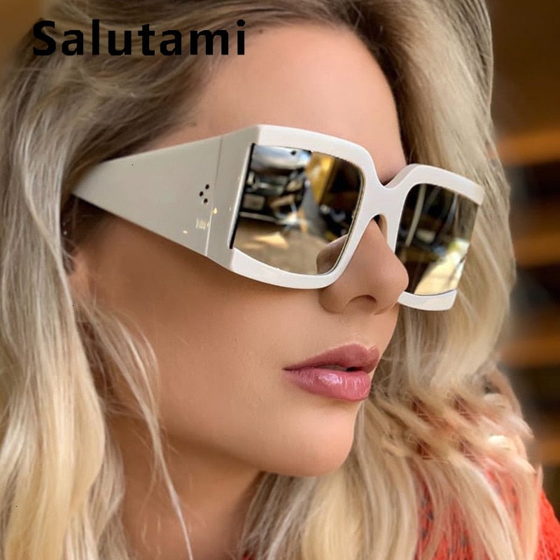 Oversized Square Sunglasses Women White Silver Mirror Rivet Sun Glasses 2020 Brand Men Eyewear Female Vintage Wide Leg Shades