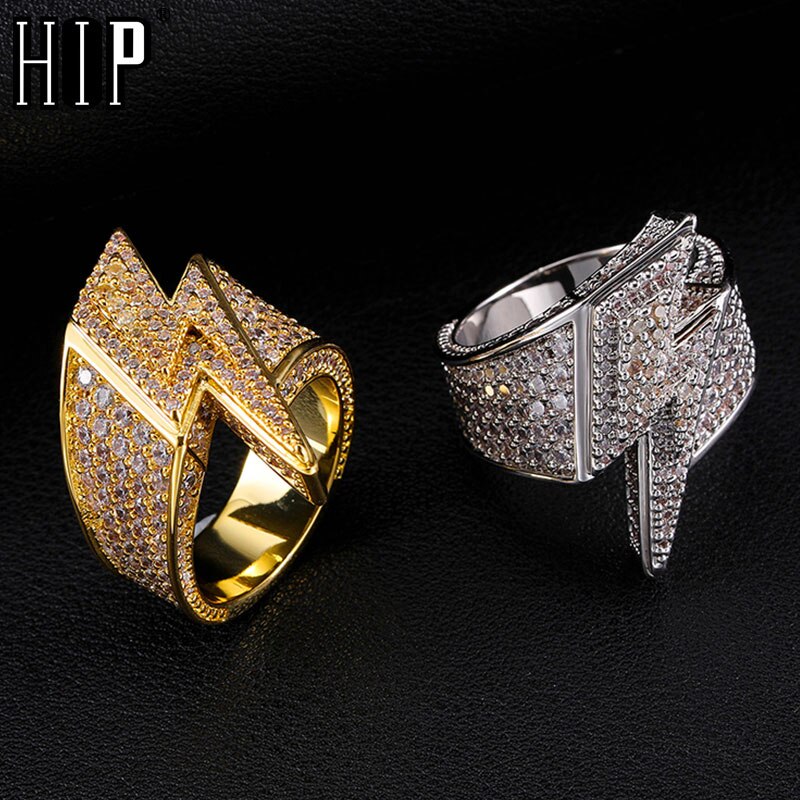 Hip Hop CZ Stones Bling Lightning Rings Tready Cubic Zircon Iced Out Copper Zircon Personality Ring For Men Jewelry