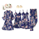 Black Sexy Women Robe Set Faux Silk Kimono Bathrobe Gown 5PCS Sleepwear Suit Hollow Out Lace Nightgown Home Wear Wedding Gift