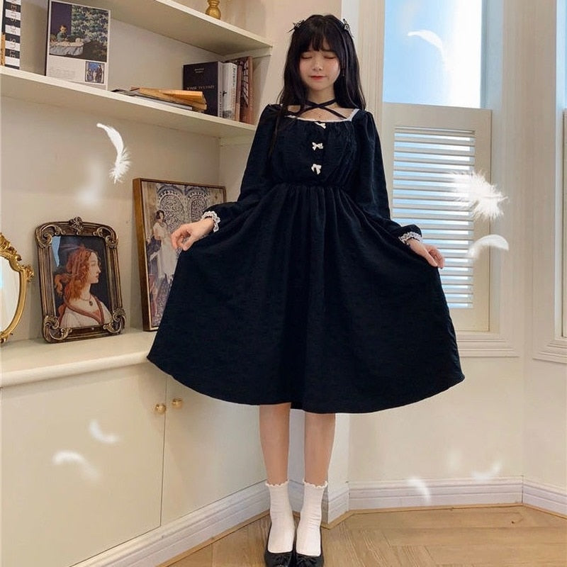 Japanisches Lolita Gothic Kleid Frauen Schwarz Niedlich Vintage Kawaii Chiffon Kleid Lässig Langarm Y2k Kleid Neu 2020 Damen Herbst