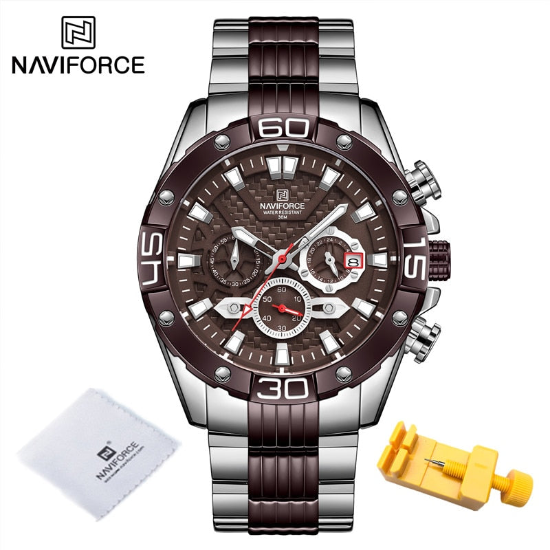 NAVIFORCE Modeuhren für Herren Luxus Original Classic Quarzuhr Analog Chronograph Sport Wasserdicht Stahlband Armbanduhr