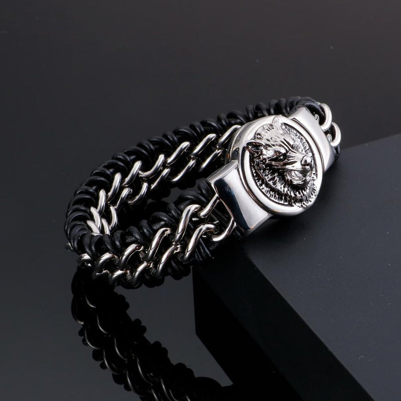 Fongten Antique Teen Wolf Head Charm Bracelet Braid Stainless Steel with Leather Rope Men's Bracelets Bangle Wristband Pulseira