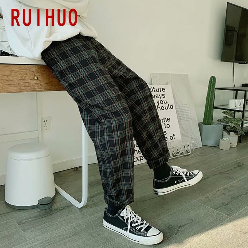 RUIHUO Plaid Harem Pants Men Trousers Joggers Casual Pants Men Sweatpants Ankle-Length Hip Hop Streetwear Cotton M-3XL 2022