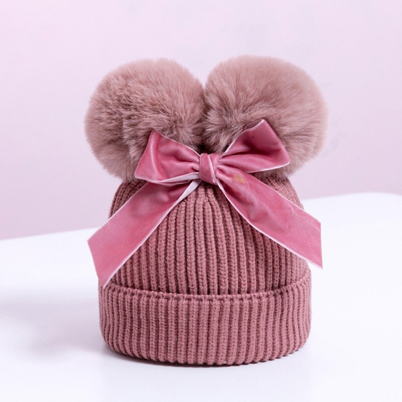 Winter Double Pompom Knitted Hat For Kids Girls Warm Thick Baby Caps With Bow Children&