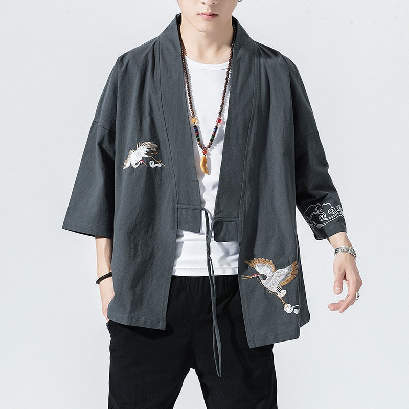 Kimono Cardigan Men Japanese Kimono Traditional Beach Thin Crane Embroidery Asian Clothes Yukata Male Samurai Casual Shirt Kimon