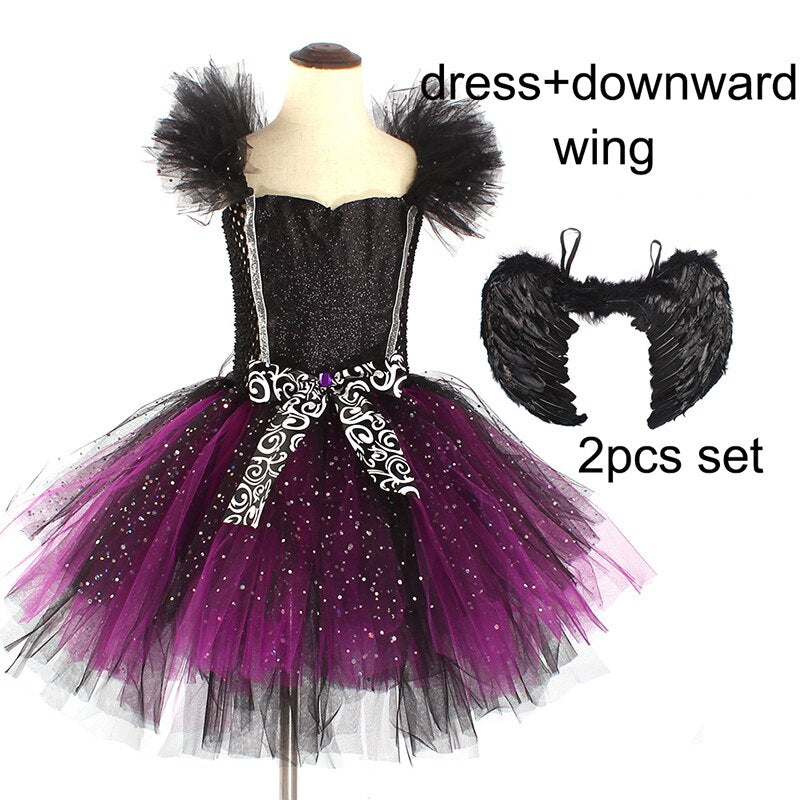 Girls Evil Dark Fairy Witch Tutu Dress with Horns and Wings Sparkly Kids Halloween Cosplay Party Costume Fancy Evil Devil Dress