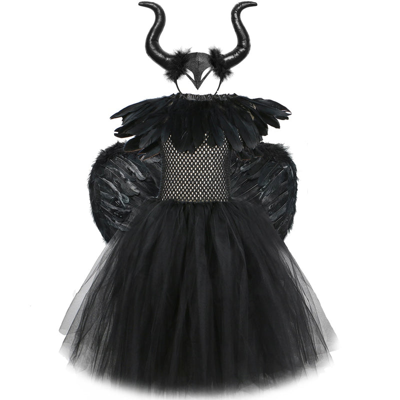 Schwarze Feder-Halloween-Kostüme für Mädchen, Kinder, böse Königin, langes Tutu-Kleid mit Hörnern, Flügeln, Bösewicht, Hexe, Cosplay-Outfit-Set