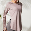 Lose Yoga-Kleidung für Fitness-Sport-Shirt, Damen-Bluse, O-Ausschnitt, Workout, Laufen, langärmliges Damen-Fitness-Top mit Daumenlöchern