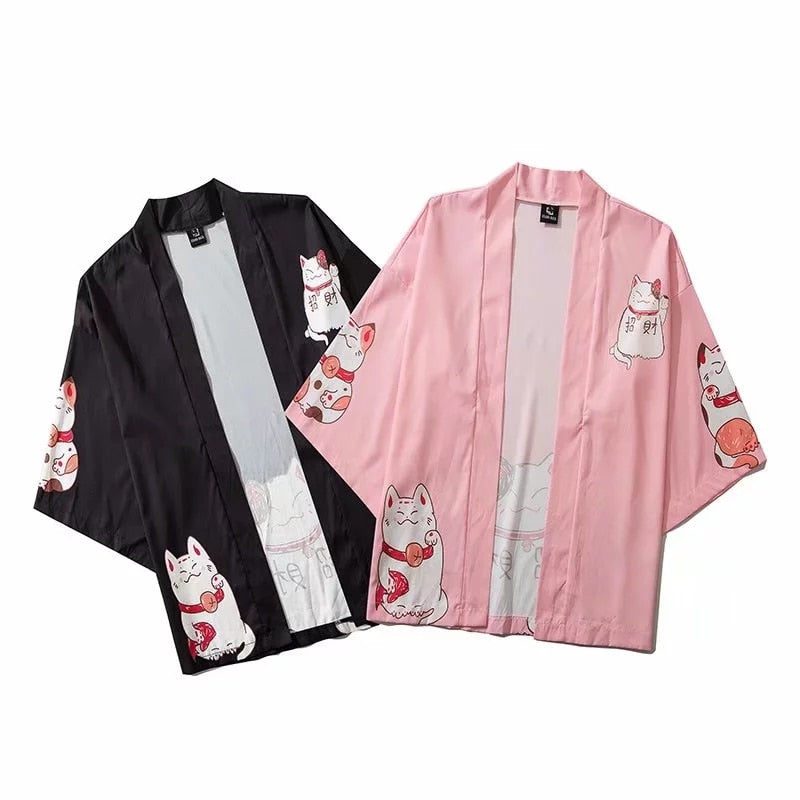 Bebovizi, ropa de estilo japonés, ropa de calle de verano para hombre, Kimono con estampado de gato, cárdigan, bata mandarina, Kimonos de tendencia japonesa Unisex para hombre