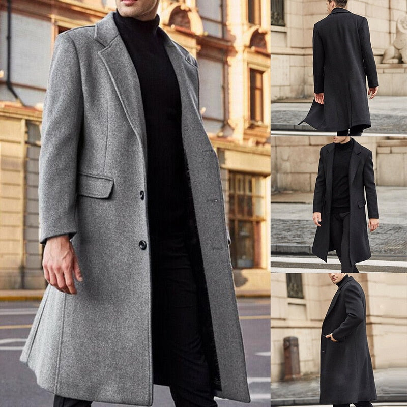 Autumn Winter Mens Wool Coat Solid Long Sleeve Woolen Jackets Fleece Men Overcoat Streetwear Fashion Long Trench Coat Outerwear