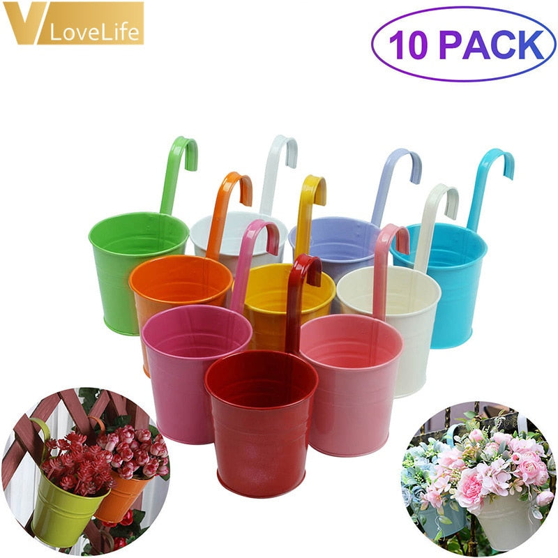 10pcs Wall Hanging Flower Pots Metal Fence Hanging Plant Pots Iron Garden Planter Tin Bucket Holder Basket Home Garden