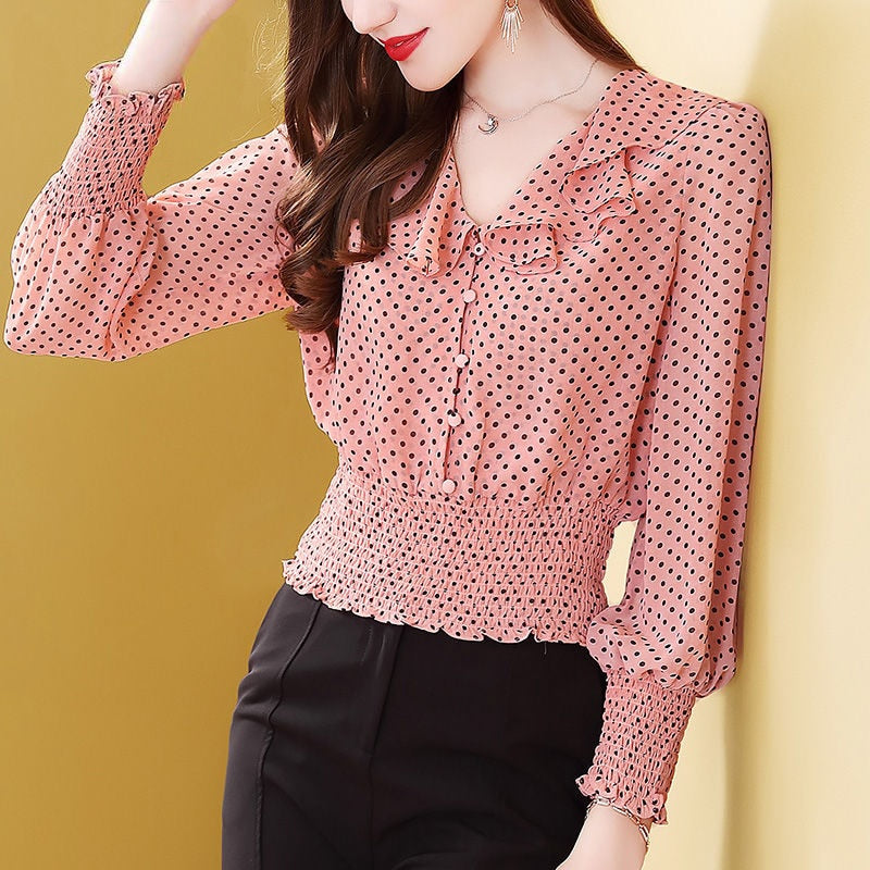 Women's Spring Autumn Style Chiffon Shirt Women's Ruffled-Neck Polka Dot Patchwork Elegant Long Sleeve Casual Tops DD8397