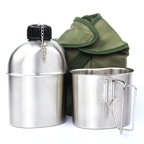 3Pcs/Set Stainless Steel Military Canteen Cup Portable Canteen Cup With Lid Green Cover Camping Hiking Picnic Travel Accessorie