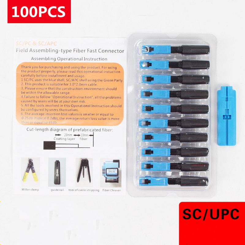 100 PCS Embedded SC UPC Fiber Optic Fast Connector FTTH single-mode fiber optic SC  quick connector SC adapter Field Assembly