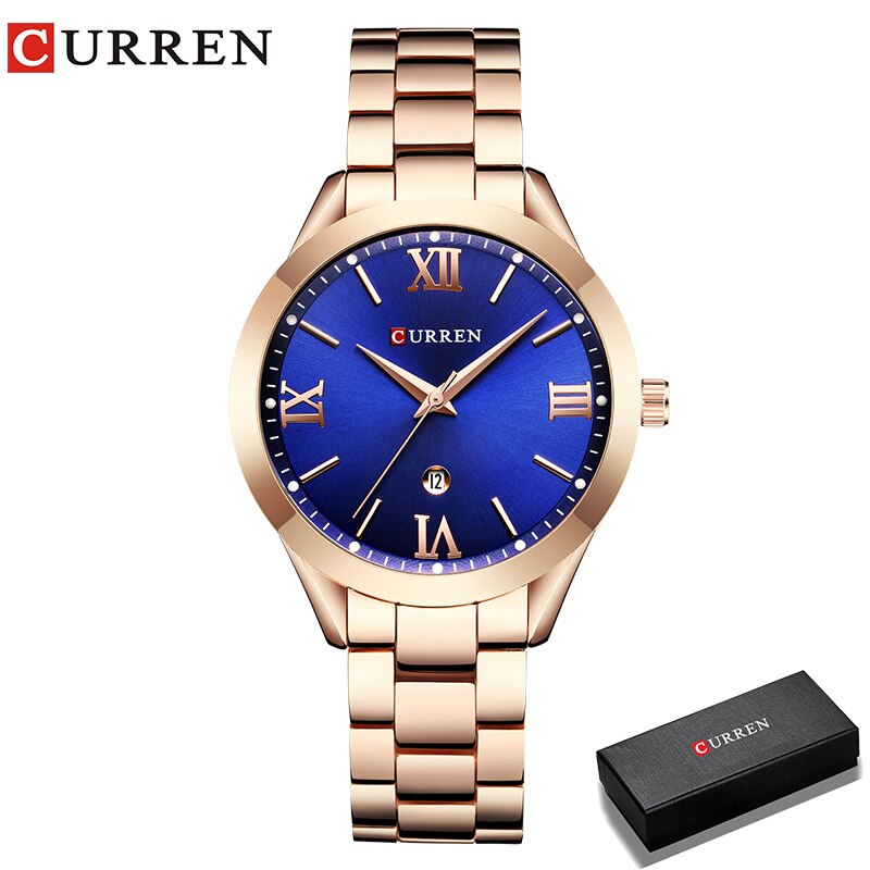 Marca CURREN, reloj de acero para mujer, vestido de lujo para mujer, reloj de pulsera de cuarzo a la moda, pulsera clásica de cristal dorado, reloj para mujer