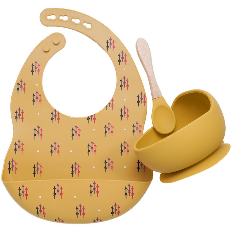 Colorful Silicone Spoon With Wooden Handle Hot Selling Baby sucker Bowl Waterproof Adjustable Baby Bibs Print Saliva Towel.