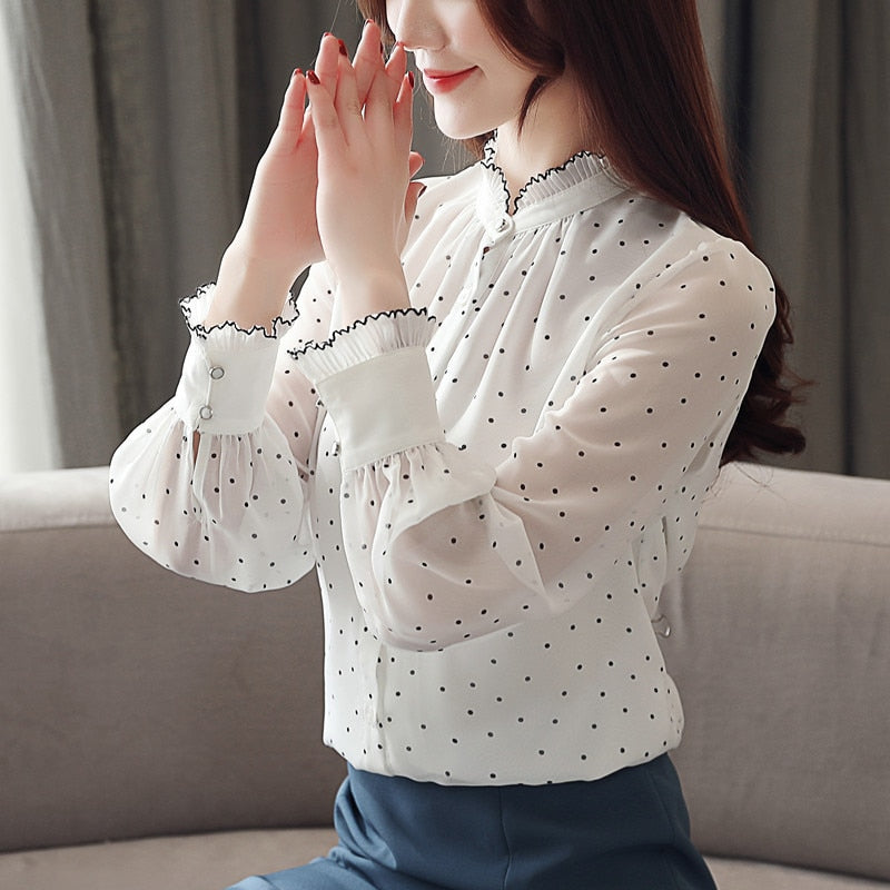 blusas mujer de moda 2022 women blouses Long sleeve black dot white Chiffon blouse women shirts  womens tops and blouses 2261 50