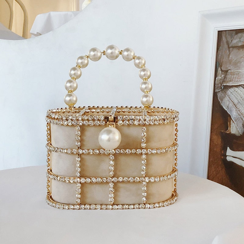 Diamonds Basket Evening Clutch Bags Women 2019 Luxury Hollow Out Preal Beaded Metallic Cage Handbags Ladies Wedding Party Purse