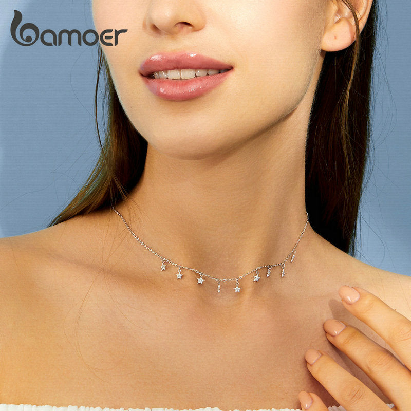 Bamoer 925 Sterling Silver Stackable Stars Choker Necklace Short Chain Necklace for Women Wedding Engagement Fine Jewelry BSN116