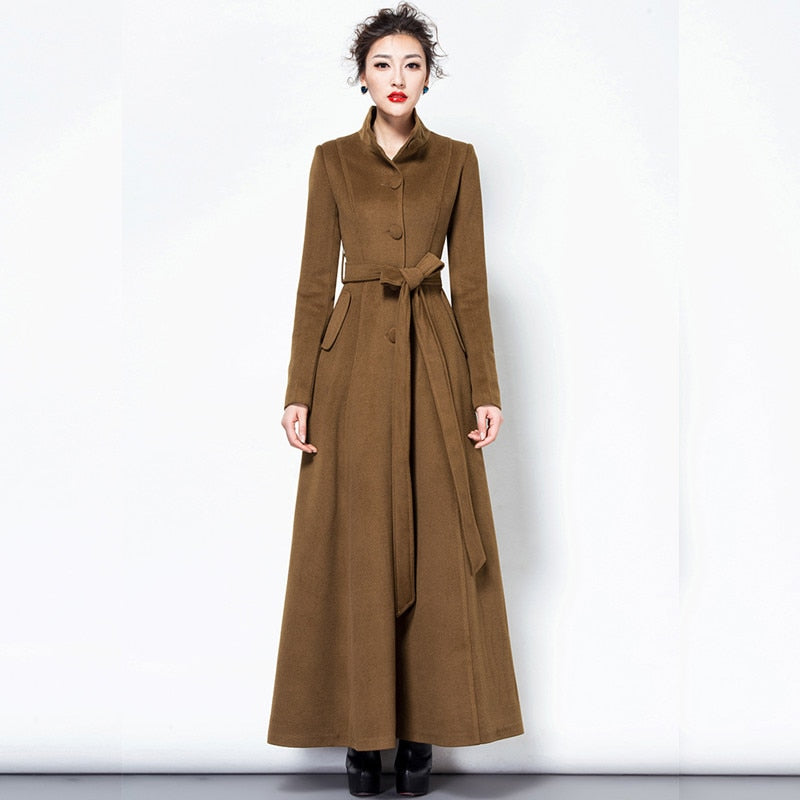 S-3XL Women Long Wool Coat Autumn Winter New Fashion Thick Warm Turtleneck Adjustable Waist Sashes Woolen Tops Outerwear Female